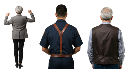 Rear view of a diverse group of people. A businesswoman celebrating next to a first responder and a senior man standing together on a transparent background.