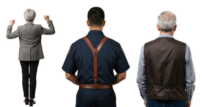 Rear view of a diverse group of people. A businesswoman celebrating next to a first responder and a senior man standing together on a transparent background.