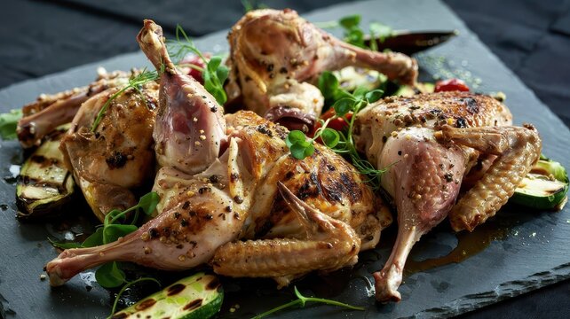 Grilled guinea fowl quarters with perfect grill marks and caramelized skin served on slate platter with charred vegetables and fresh microgreens