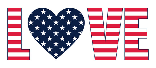 Obraz premium Word Love in colors of American flag. Love for USA. Patriotic design