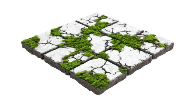Cracked stone tiles covered with moss forming a square patch on a transparent base.