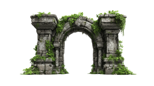 Ancient stone archway covered with greenery isolated on transparent background.
