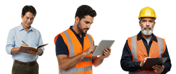 Diverse team of male construction professionals: an asian manager, a young worker using a tablet, and a senior caucasian foreman with a hardhat.