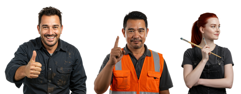 Diverse Group of Professionals: A Smiling Caucasian Male Construction Worker, an Asian Male Engineer, and a Red-Haired Female Artist in a Studio Setting Against a Black Background