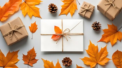 Autumn gift thanksgiving present fall leaves pine cones envelope seasonal celebration concept