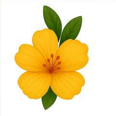 Yellow Hibiscus Flower with Green Leaves on White Background Digital Illustration