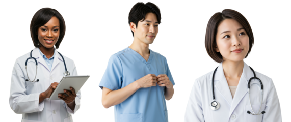 Diverse Group of Healthcare Professionals: Female and Male Doctors in Clinical Attire with Medical Accessories, Capturing the Essence of Modern Medicine