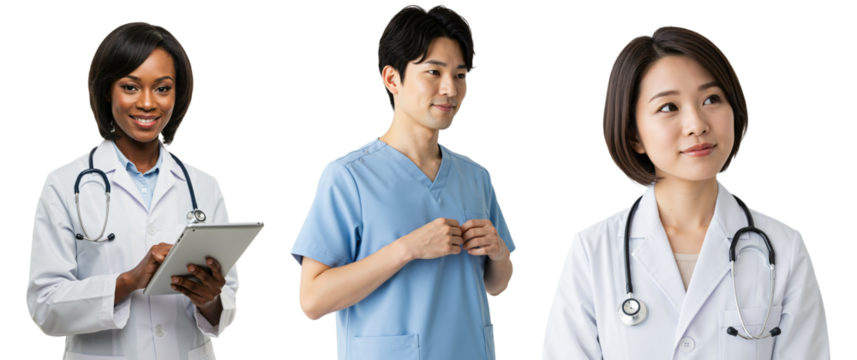 Diverse Group of Healthcare Professionals: Female and Male Doctors in Clinical Attire with Medical Accessories, Capturing the Essence of Modern Medicine