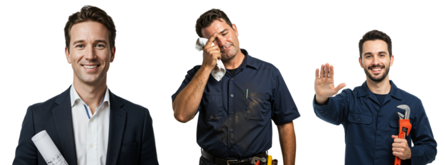 Professionals in Action: Three Caucasian Males in Different Work Attires Displaying Various Occupational Roles and Emotions in a Studio Environment