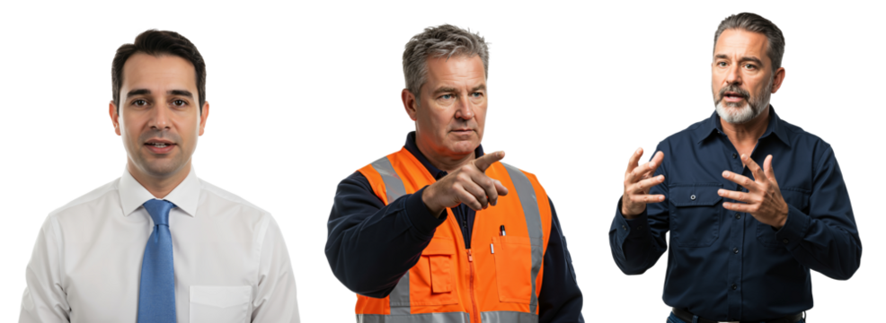 A Comparative Display of Three Adult Males in Various Professional Attires: Business Suit, Work Vest, and Casual Shirt Portraying Different Occupations