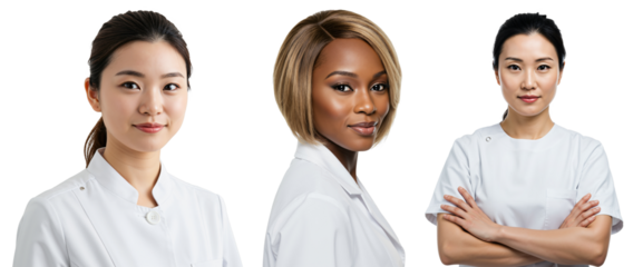 Three Professional Female Medical Practitioners in White Uniforms Against Solid Black Background, Representing Diversity in Healthcare with Distinct Hairstyles and Confident Expressions