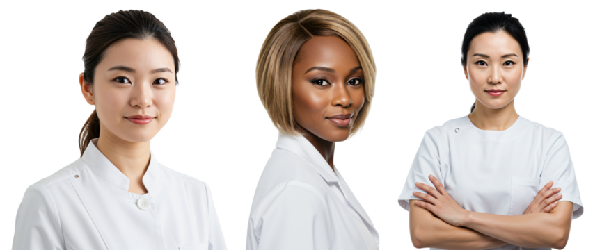 Three Professional Female Medical Practitioners in White Uniforms Against Solid Black Background, Representing Diversity in Healthcare with Distinct Hairstyles and Confident Expressions