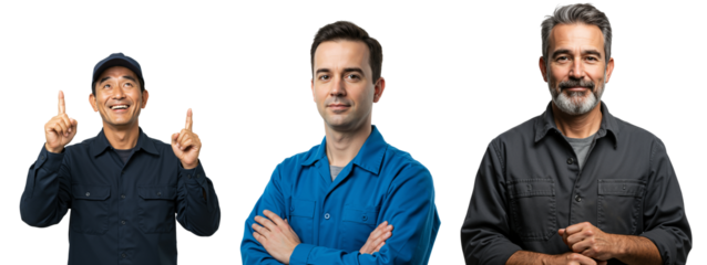 Three Multi-Ethnic Male Mechanics Posing Against a Black Background, Each in Unique Poses and Attires, Representing Diverse Age Groups and Personalities