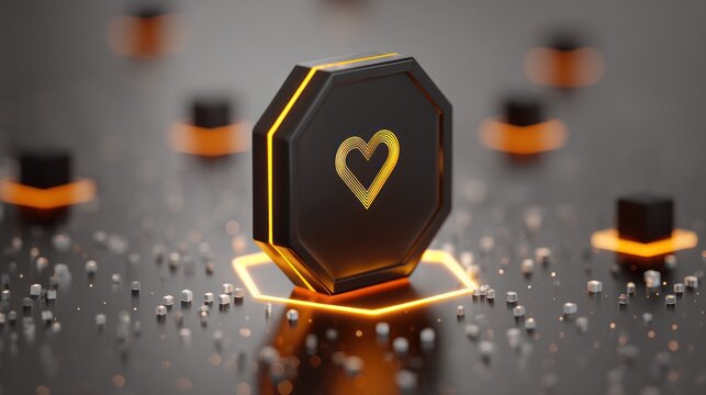 Golden Heart in Modern Setting: A captivating close-up of a golden heart icon against a contemporary, dark background, suggesting concepts of affection, care, and digital connection.