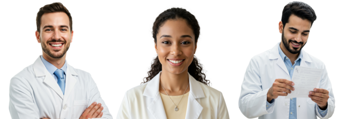 Group of Diverse Healthcare Professionals in Lab Coats Smiling and Engaging in Various Tasks, Showcasing a Collaborative Medical Environment