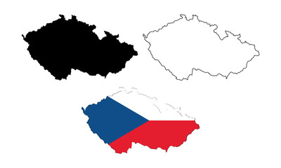 Czech map in outline style, black color, color of country flag version.
