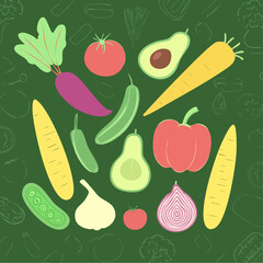 Modern flat illustration of a 10x10 grid featuring assorted vegetables
