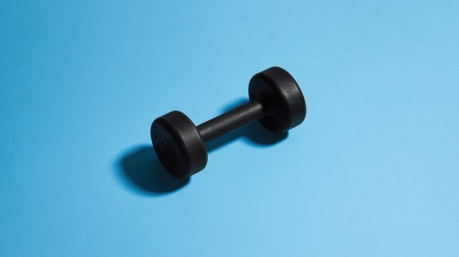 minimalistic graphic design poster, a single black dumbbell, flat solid blue background, studio 