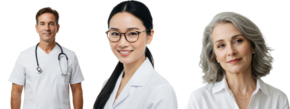 Diverse medical team of a mature caucasian male doctor, a young asian female physician with glasses, and a senior female practitioner.