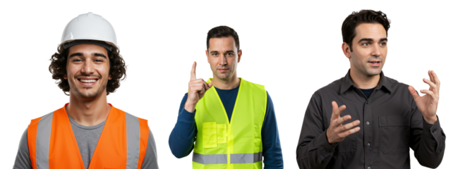 Three Male Construction Workers Displaying Various Expressions and Gestures in Safety Gear Against a Dark Background