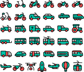 Transport and vehicle icon set in simple filled line style