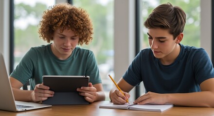 Two teenage boys collaborating on a school project, one using a tablet and the other writing in a notebook.