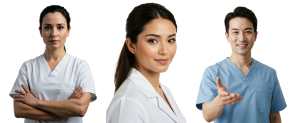 A Diverse Group of Healthcare Professionals: Female and Male Doctors in Scrubs Showcasing Collaboration and Care in a Professional Medical Environment