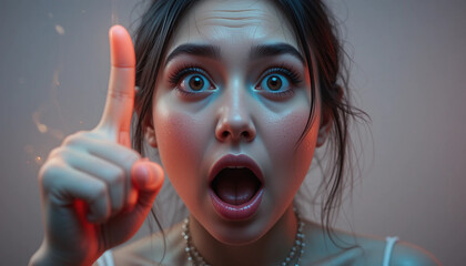 Surprised Woman Pointing Upwards with Open Mouth and Wide Eyes