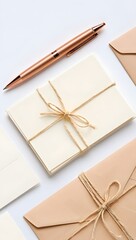 Elegant stationery set envelopes cards pen writing correspondence invitation neutral tone flat lay