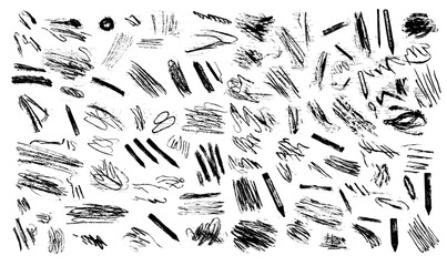 Chalk doodle vector set. Pencil scribble texture collection. Vector punk charcoal brushstrokes. Grungy hand-drawn crayon textures, lines, highlights, underlines. Abstract black chalk drawings.