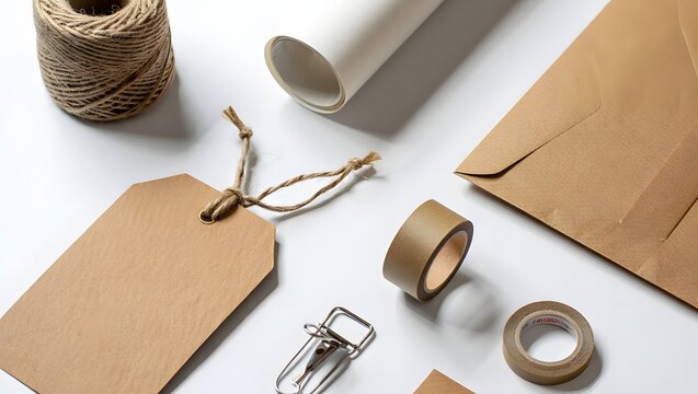 Kraft paper envelope roll tape tag string clip packaging stationery supplies flat lay concept