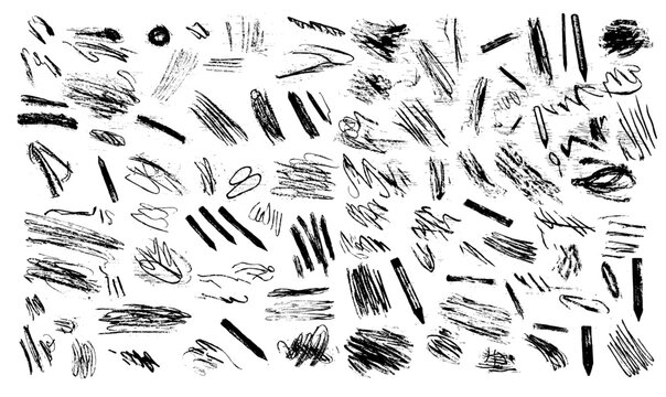 Chalk doodle vector set. Pencil scribble texture collection. Vector punk charcoal brushstrokes. Grungy hand-drawn crayon textures, lines, highlights, underlines. Abstract black chalk drawings.