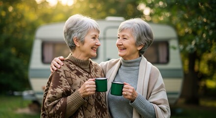 Two Smiling Senior Twin Sisters Enjoying Hot Drinks Together Outdoors Near a Campervan on a Sunny Autumn Day