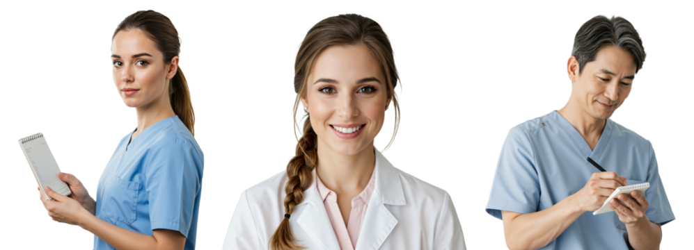 A Diverse Group of Healthcare Professionals: Young Female Nurse, Young Female Doctor, and Middle-aged Male Physician in Scrubs Engaged in Medical Tasks