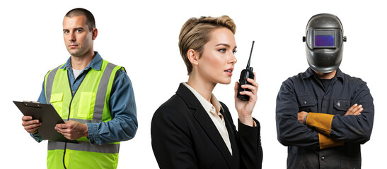 A Diverse Team of Workers in Safety Gear and Professional Attire: A Male Construction Laborer, a Female Manager Communicating, and a Male Welder Preparing for Work