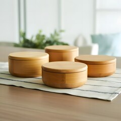 Clean, empty white ceramic and wooden bowls stacked on a kitchen table, ready for dinner