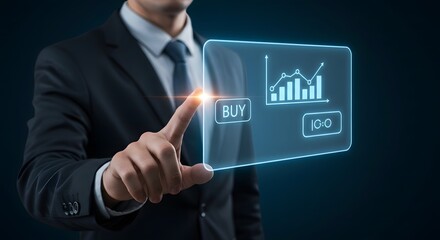 Businessman's Hand Touching Futuristic Interface with Stock Market Chart, Buy Button.