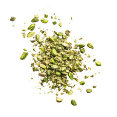 pistachio piece crushed, Crushed pistachio piece scattered on a surface, isolated on transparent background