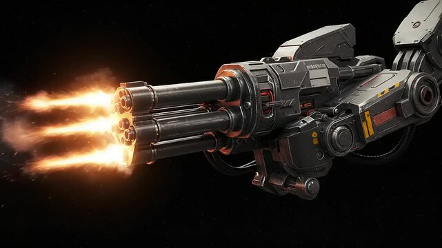 Futuristic Weapon Firing Animation - Gatling Gun with muzzle flash and dynamic light effects
