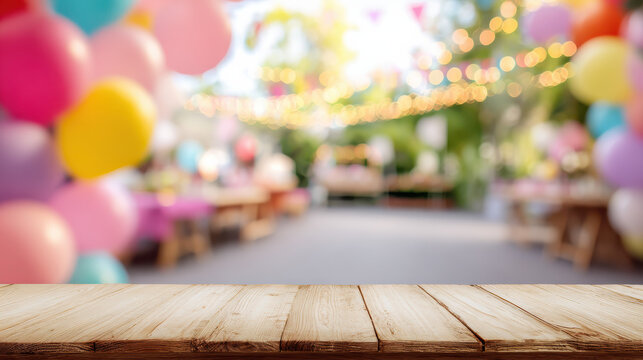 Wooden table with blurred children’s birthday party background and colorful balloons