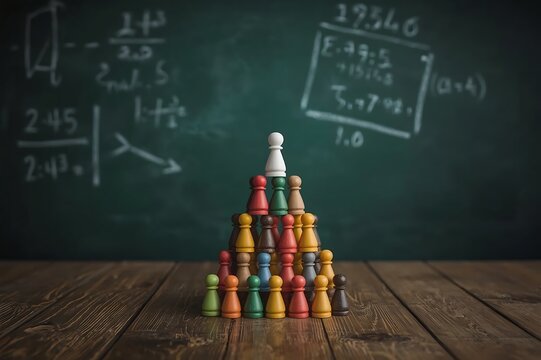 A pyramid of colorful chess pawns with a white pawn at the apex stands on a wooden surface in front of a chalkboard with mathematical equations