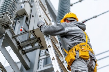 Worker climbs ladder to perform maintenance on electrical equipment at a power station during daylight hours