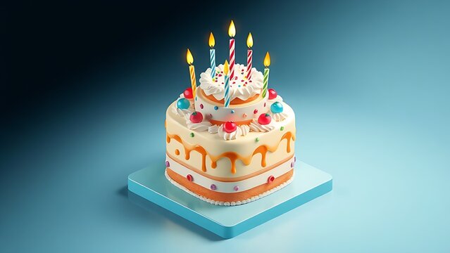 Three-dimensional birthday cake illustration with festive decorations, presented in an isometric perspective.