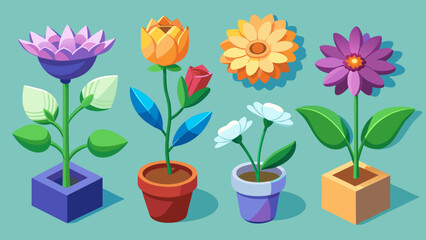 A collection of four stylized potted flowers in various colors and shapes on a teal background