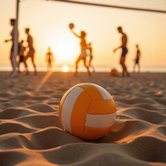 Beach volleyball game at sunset, featuring players in action and volleyball in foreground, creating vibrant and energetic atmosphere