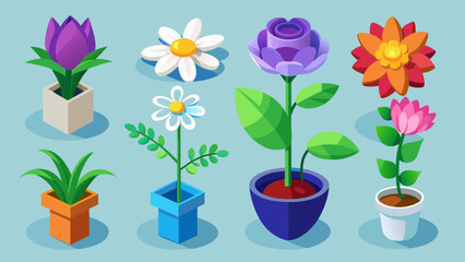 Collection of colorful potted flowers and plants in isometric style