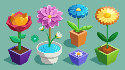 Collection of colorful geometric potted flowers in isometric perspective