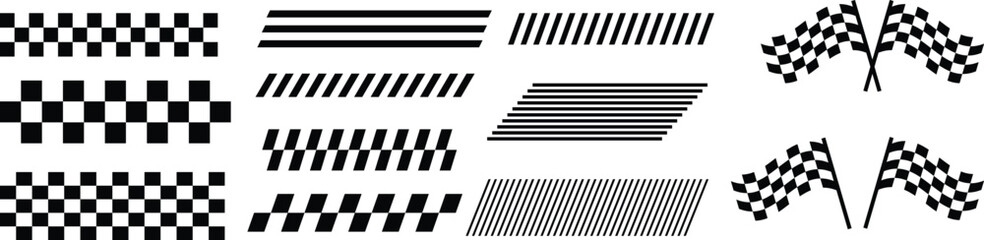 Racing Stripes & Checkered Flag Vector Set. Black & White Racing Banner Vectors – Speed Lines, Flags & Track Icons. Race Track & Flag Vector Set