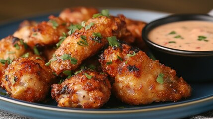 Appetizing Chicken Wings with Dipping Sauce on Plate