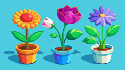 Three potted flowers including a sunflower rose and daisy in colorful pots
